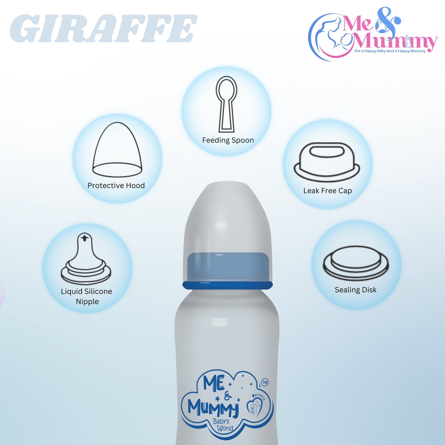 Giraffe anti-Colic Slim Regular Neck Essential Bpa-Free Baby Feeding Bottle, 250Ml, Pack Of 1, Blue + Transparent