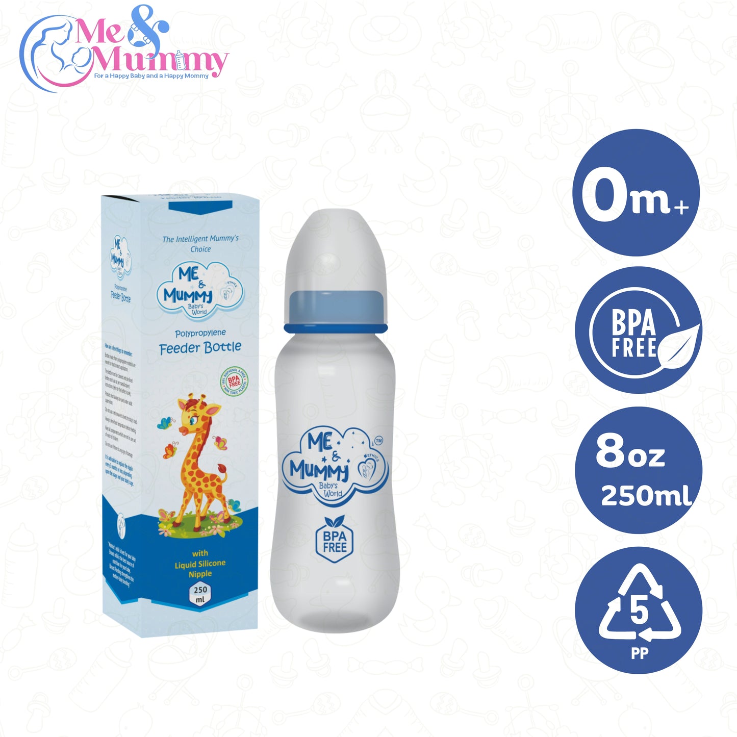 Giraffe anti-Colic Slim Regular Neck Essential Bpa-Free Baby Feeding Bottle, 250Ml, Pack Of 1, Blue + Transparent