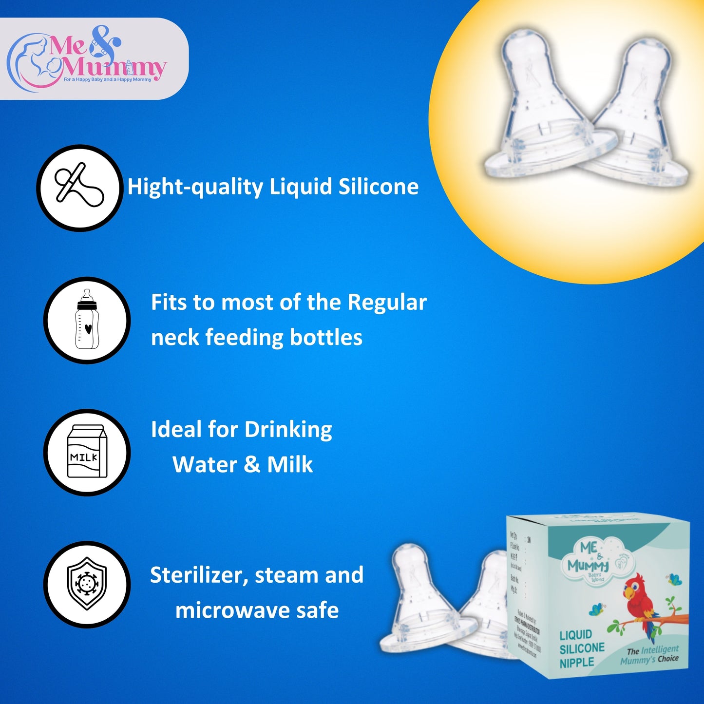 Me and Mummy Anti-Colic Essential Teat/Nipple for Slim Neck Bottle,4pcs ,Made of Soft & Flexible Silicone, Ergonomic Shape, Mimics Breastfeeding, Leak Proof, BPA Free, Comes with Sturdy Base (Pack Of 4)