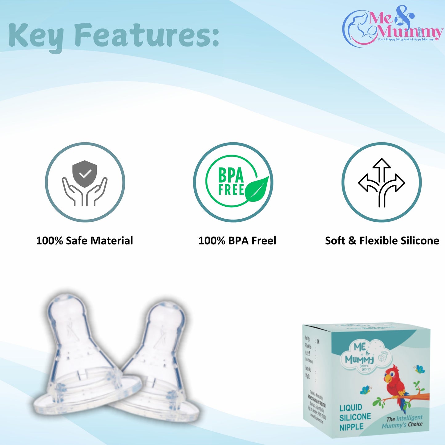Me and Mummy Anti-Colic Essential Teat/Nipple for Slim Neck Bottle,4pcs ,Made of Soft & Flexible Silicone, Ergonomic Shape, Mimics Breastfeeding, Leak Proof, BPA Free, Comes with Sturdy Base (Pack Of 4)