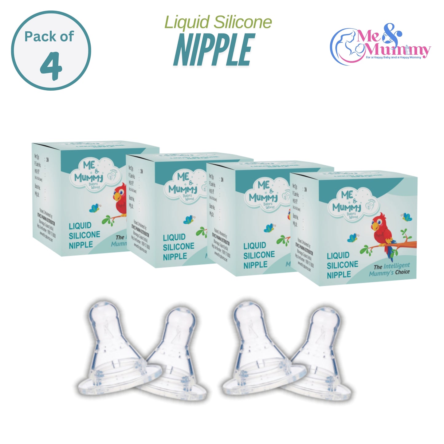 Me and Mummy Anti-Colic Essential Teat/Nipple for Slim Neck Bottle,4pcs ,Made of Soft & Flexible Silicone, Ergonomic Shape, Mimics Breastfeeding, Leak Proof, BPA Free, Comes with Sturdy Base (Pack Of 4)