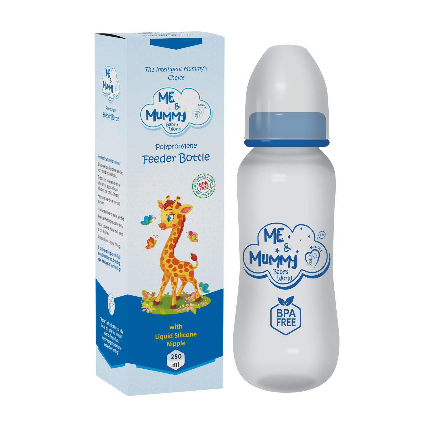 Giraffe anti-Colic Slim Regular Neck Essential Bpa-Free Baby Feeding Bottle, 250Ml, Pack Of 1, Blue + Transparent