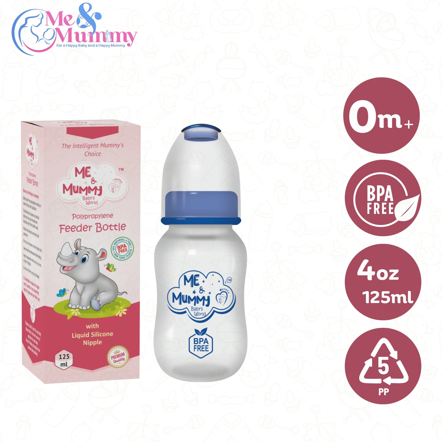 RhinoAnti-Colic Slim Regular Neck Essential Bpa-Free Baby Feeding Bottle, 125Ml, Pack Of 1, Magenta
