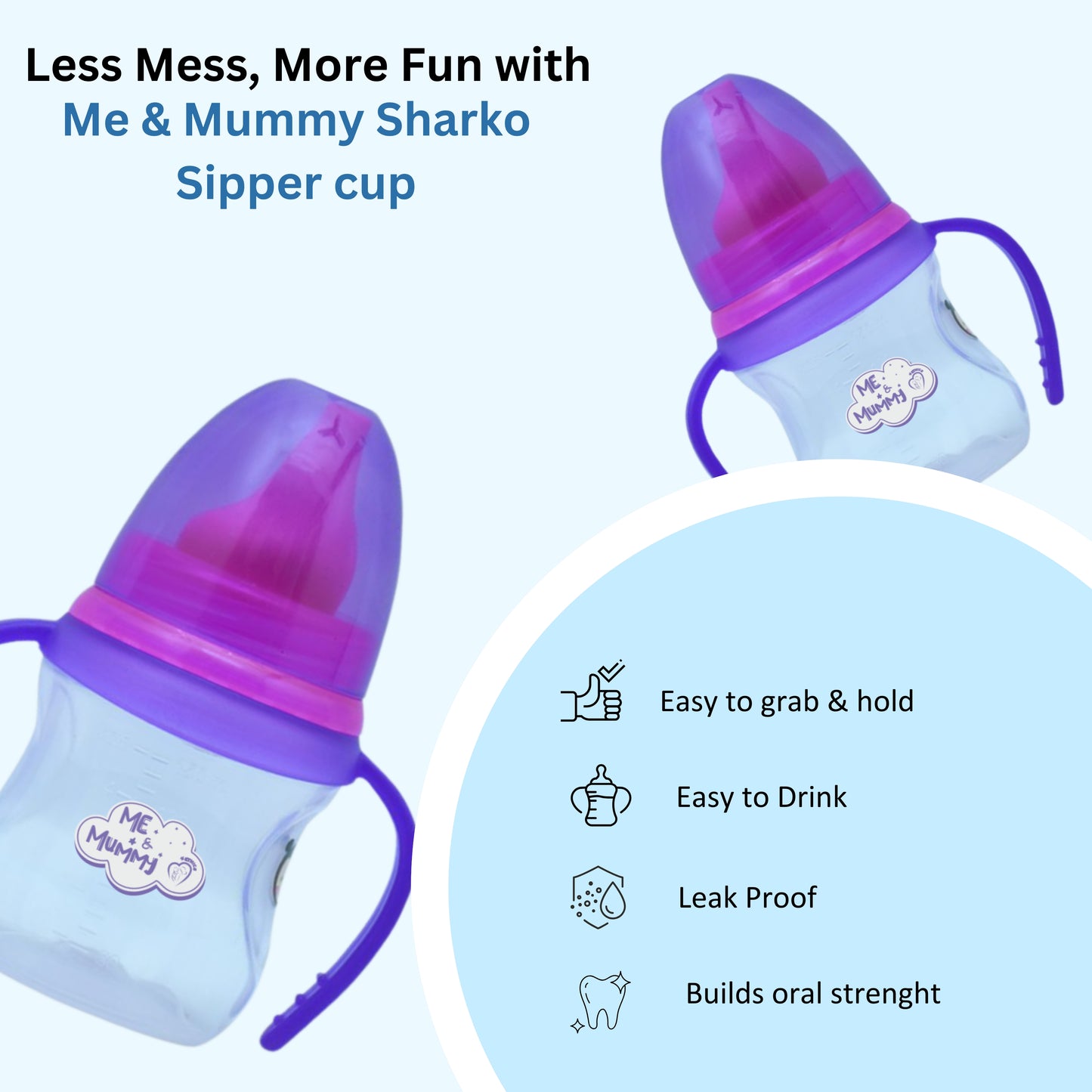 Me and mummy Sharko Sipper Cup Soft Spout for Babies | Leak Proof Design | BPA Free | Builds Oral Strength | Easy to Hold and Drink with Detachable Handle | Serializable Cup | 150 ml (0-24 Months,)