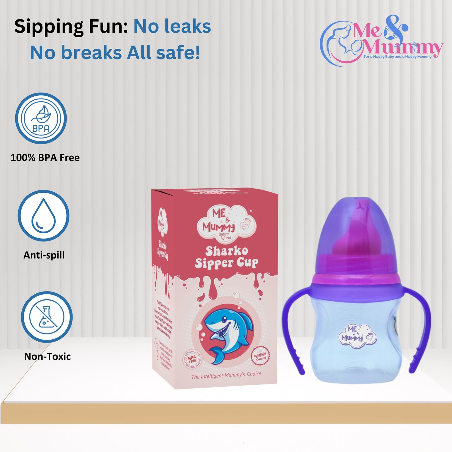 Me and mummy Sharko Sipper Cup Soft Spout for Babies | Leak Proof Design | BPA Free | Builds Oral Strength | Easy to Hold and Drink with Detachable Handle | Serializable Cup | 150 ml (0-24 Months,)