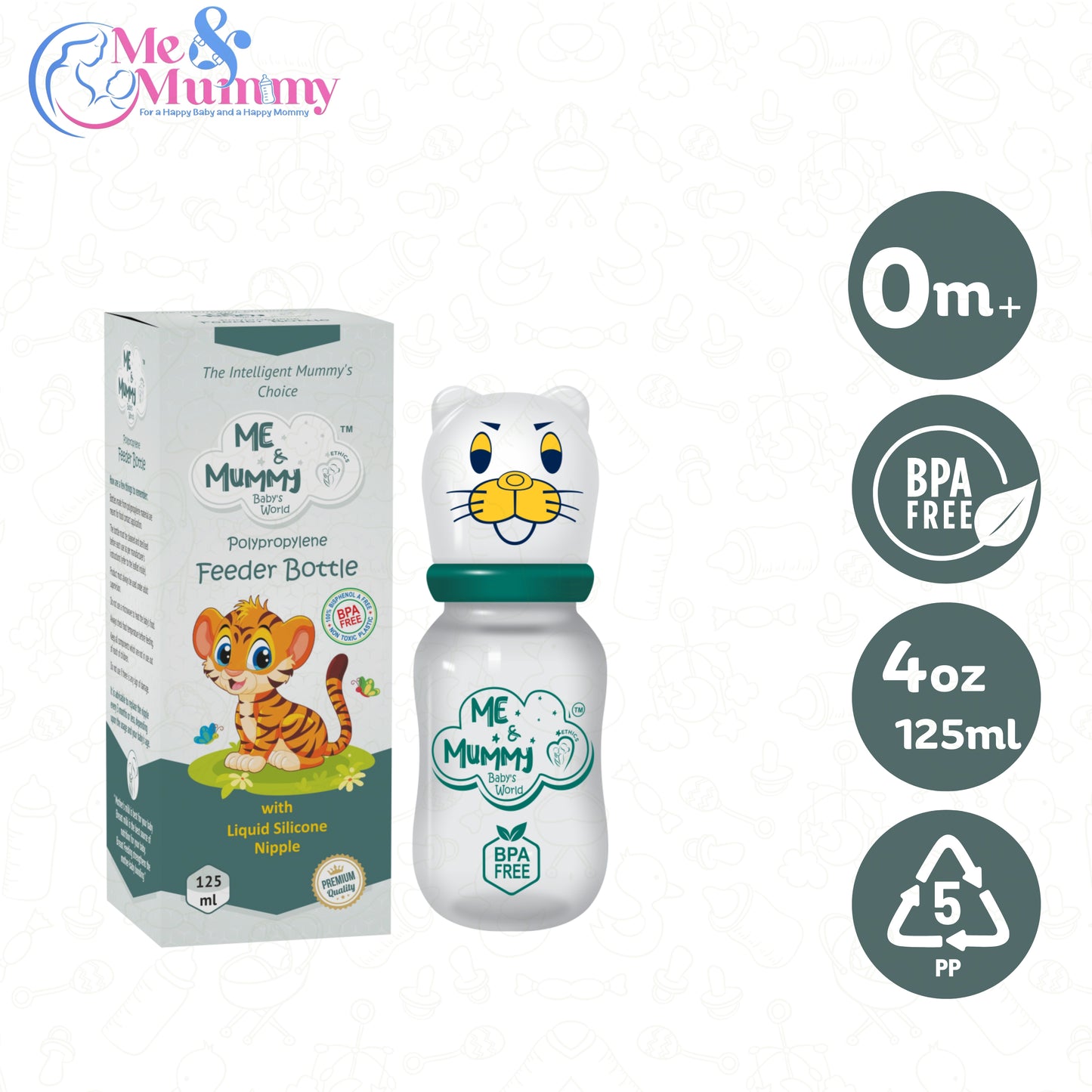 Tiger Anti-Colic Slim Regular Neck Essential Bpa-Free Baby Feeding Bottle, 125Ml, Pack Of 1, GREEN