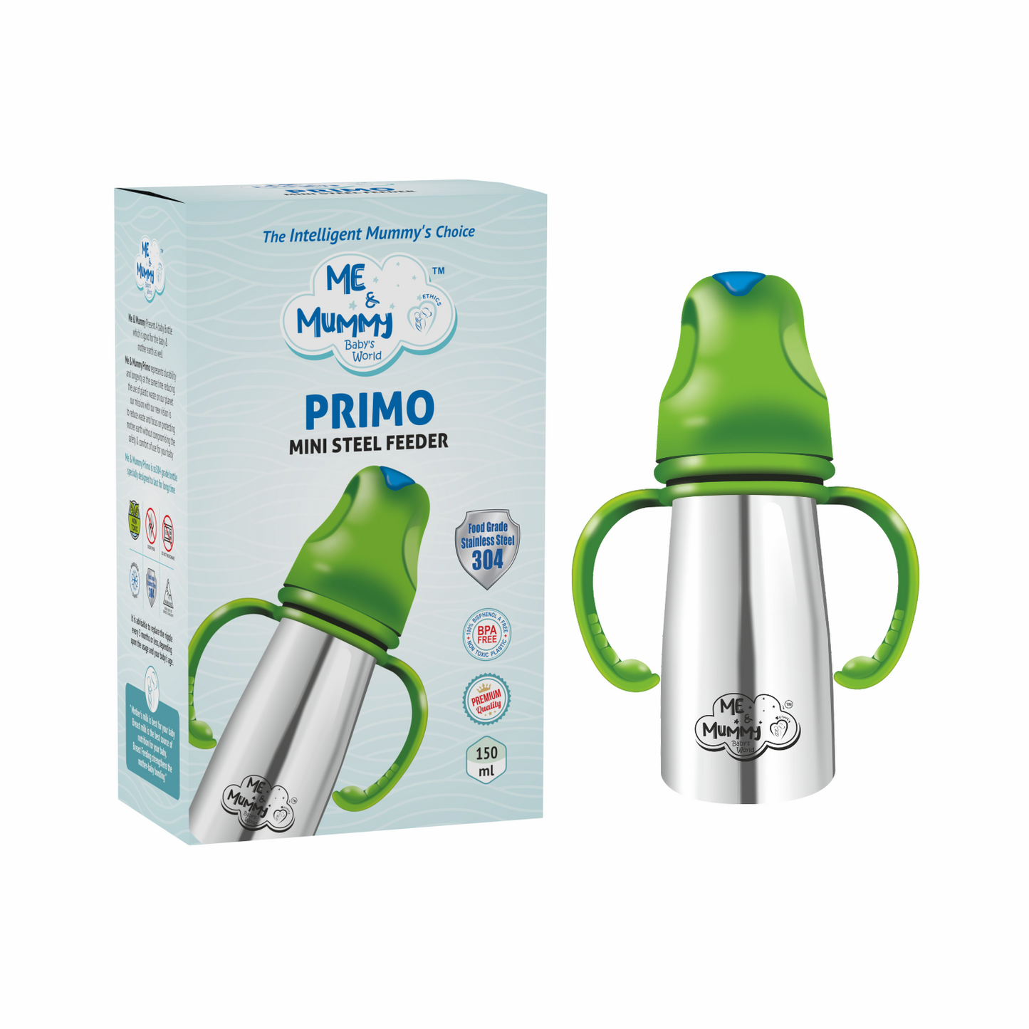 Me and mummy primo Stainless Steel Feeding Bottle for Baby | Premium Stainless Steel | Anti-Colic | BPA Free | Safe and Hygenic (150 ml - Regular Neck, Feeding Bottle)