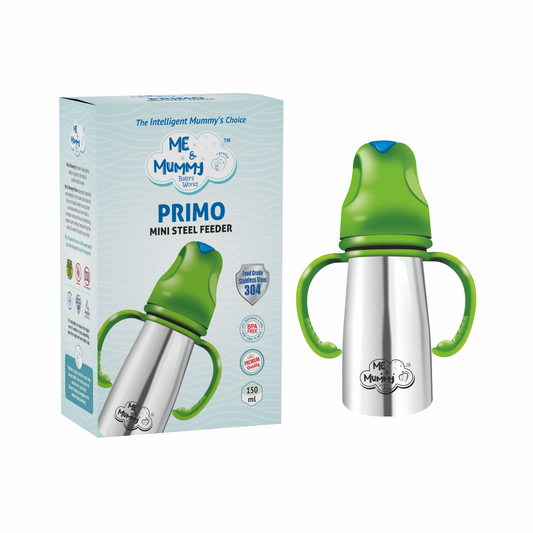 Me and mummy primo Stainless Steel Feeding Bottle for Baby | Premium Stainless Steel | Anti-Colic | BPA Free | Safe and Hygenic (150 ml - Regular Neck, Feeding Bottle)