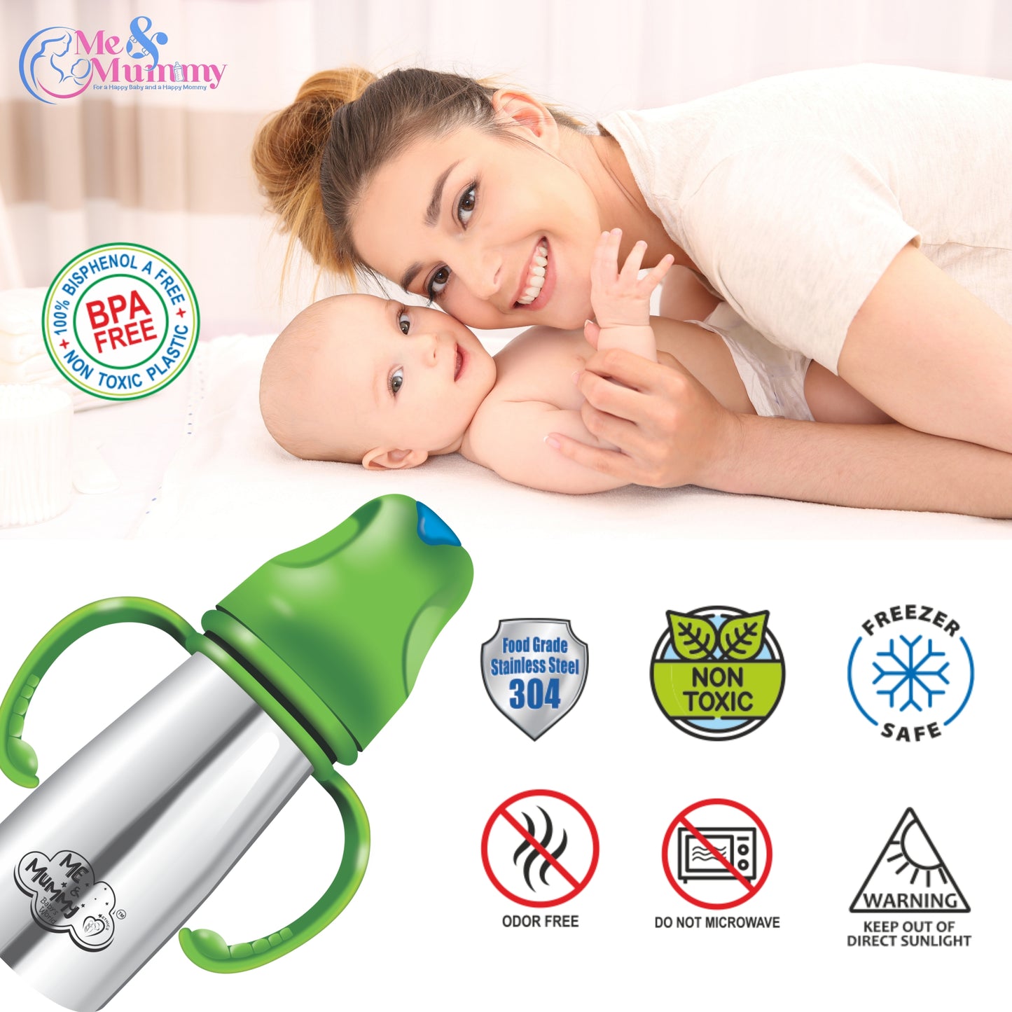 Me and mummy primo Stainless Steel Feeding Bottle for Baby | Premium Stainless Steel | Anti-Colic | BPA Free | Safe and Hygenic (150 ml - Regular Neck, Feeding Bottle)