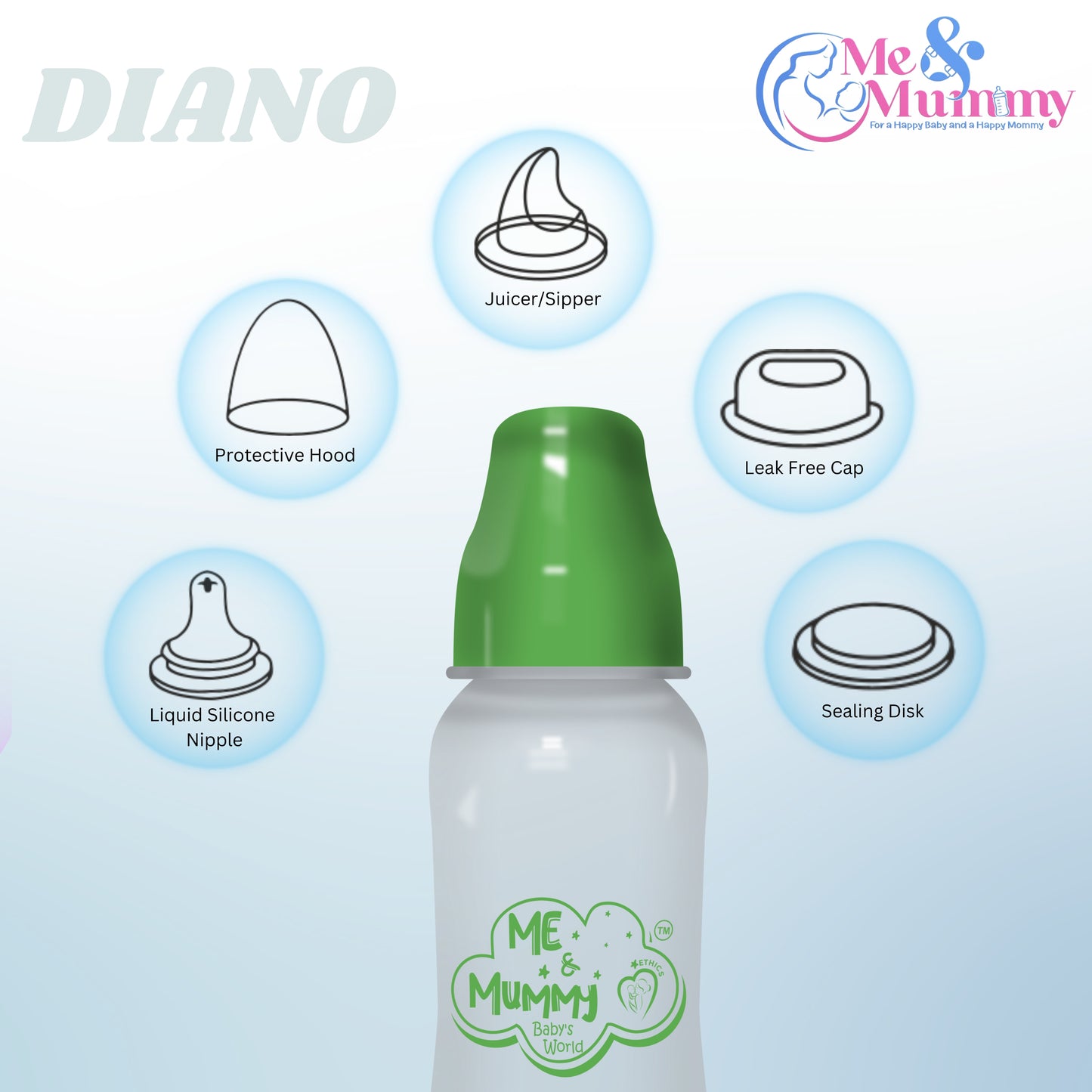 Diano anti-Colic Slim Regular Neck Essential Bpa-Free Baby Feeding Bottle, 250Ml, Pack Of 1, Parrot + Transparent