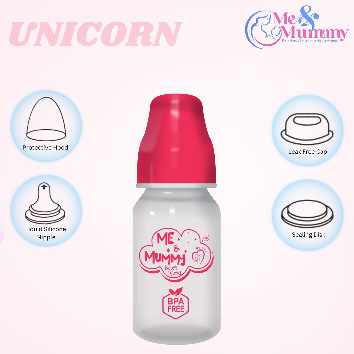 unicorn Anti-Colic Slim Regular Neck Essential Bpa-Free Baby Feeding Bottle, 125Ml, Pack Of 1, pink