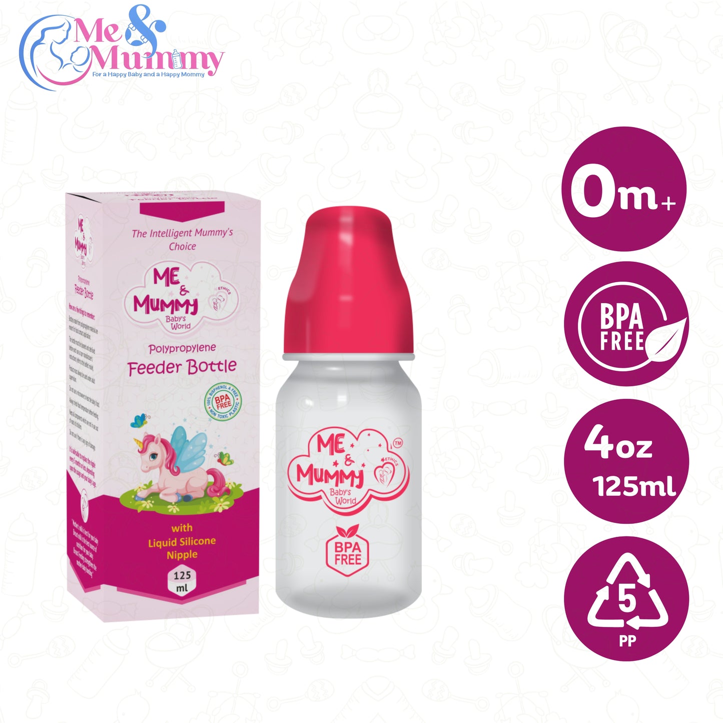 unicorn Anti-Colic Slim Regular Neck Essential Bpa-Free Baby Feeding Bottle, 125Ml, Pack Of 1, pink