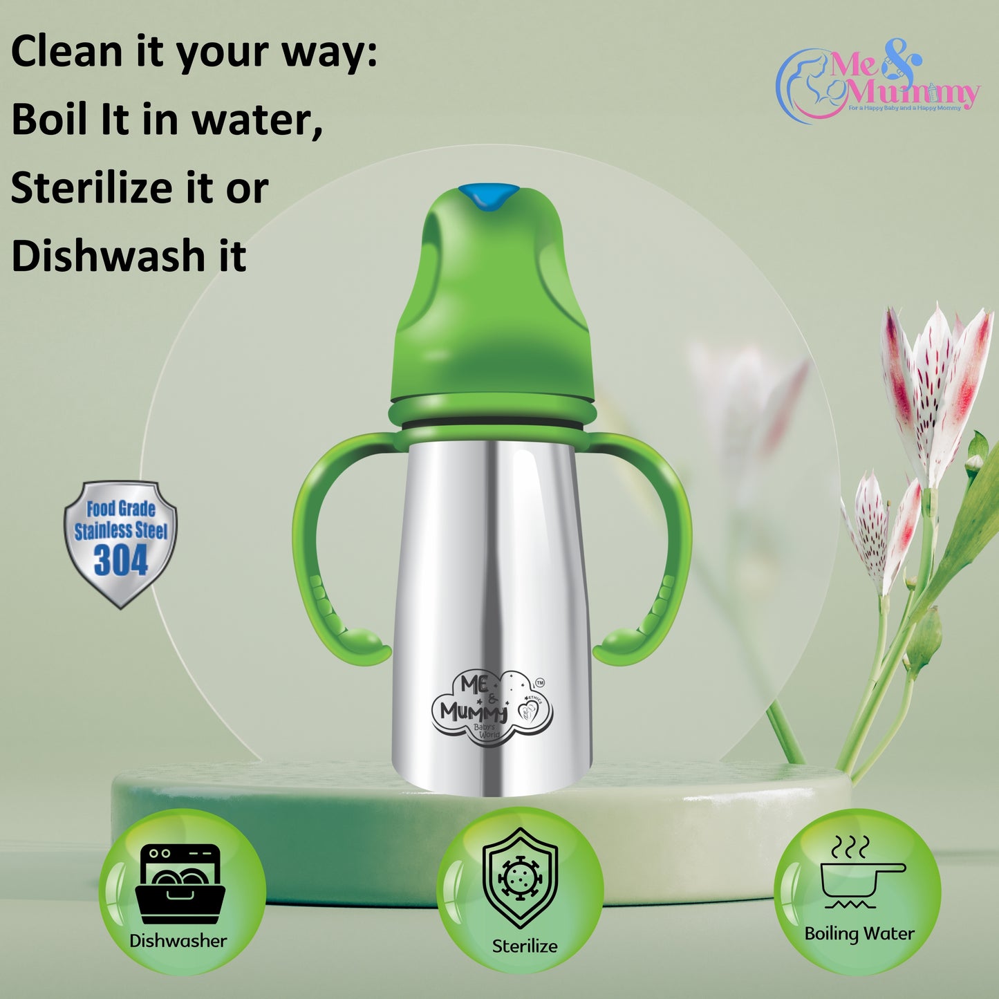Me and mummy primo Stainless Steel Feeding Bottle for Baby | Premium Stainless Steel | Anti-Colic | BPA Free | Safe and Hygenic (150 ml - Regular Neck, Feeding Bottle)