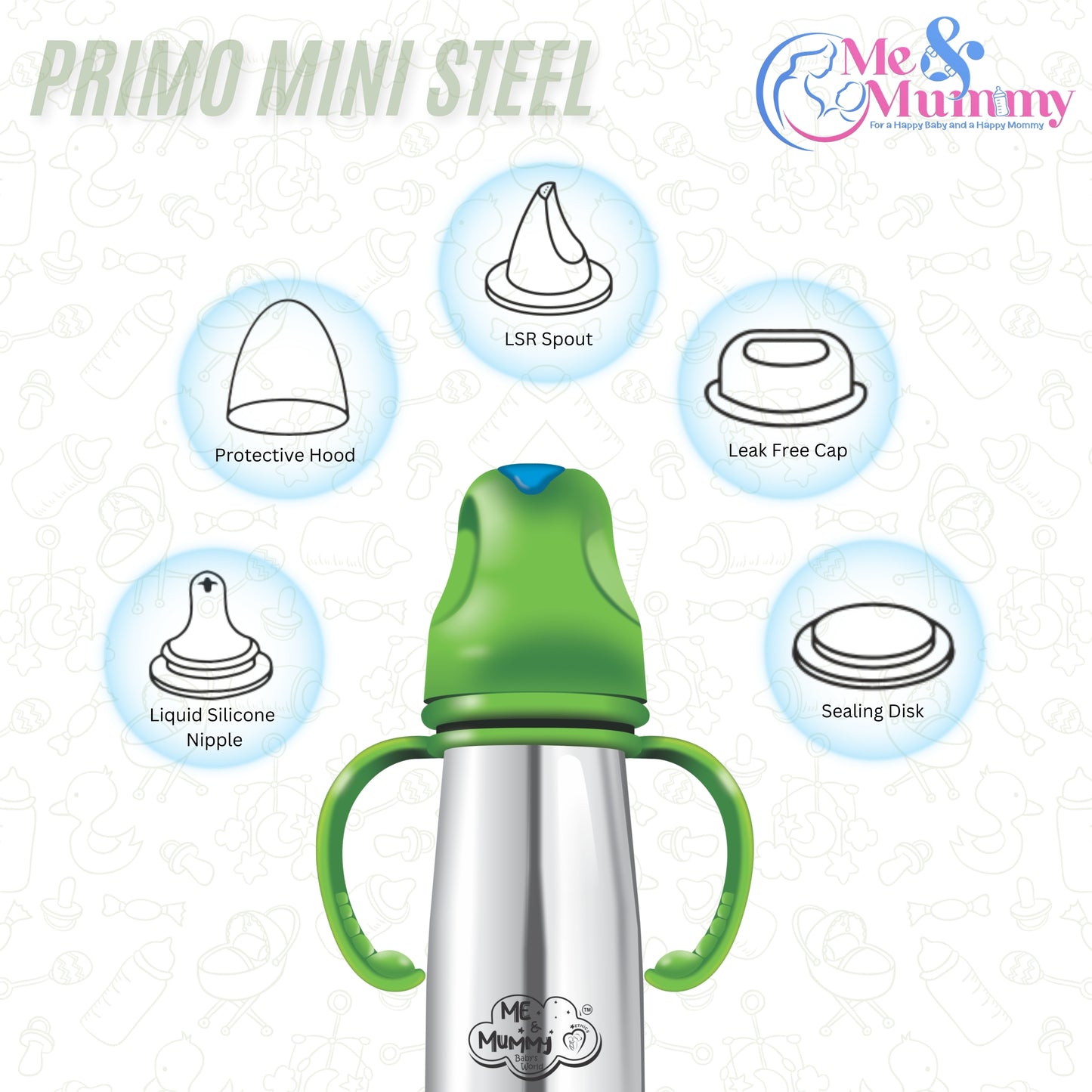 Me and mummy primo Stainless Steel Feeding Bottle for Baby | Premium Stainless Steel | Anti-Colic | BPA Free | Safe and Hygenic (150 ml - Regular Neck, Feeding Bottle)
