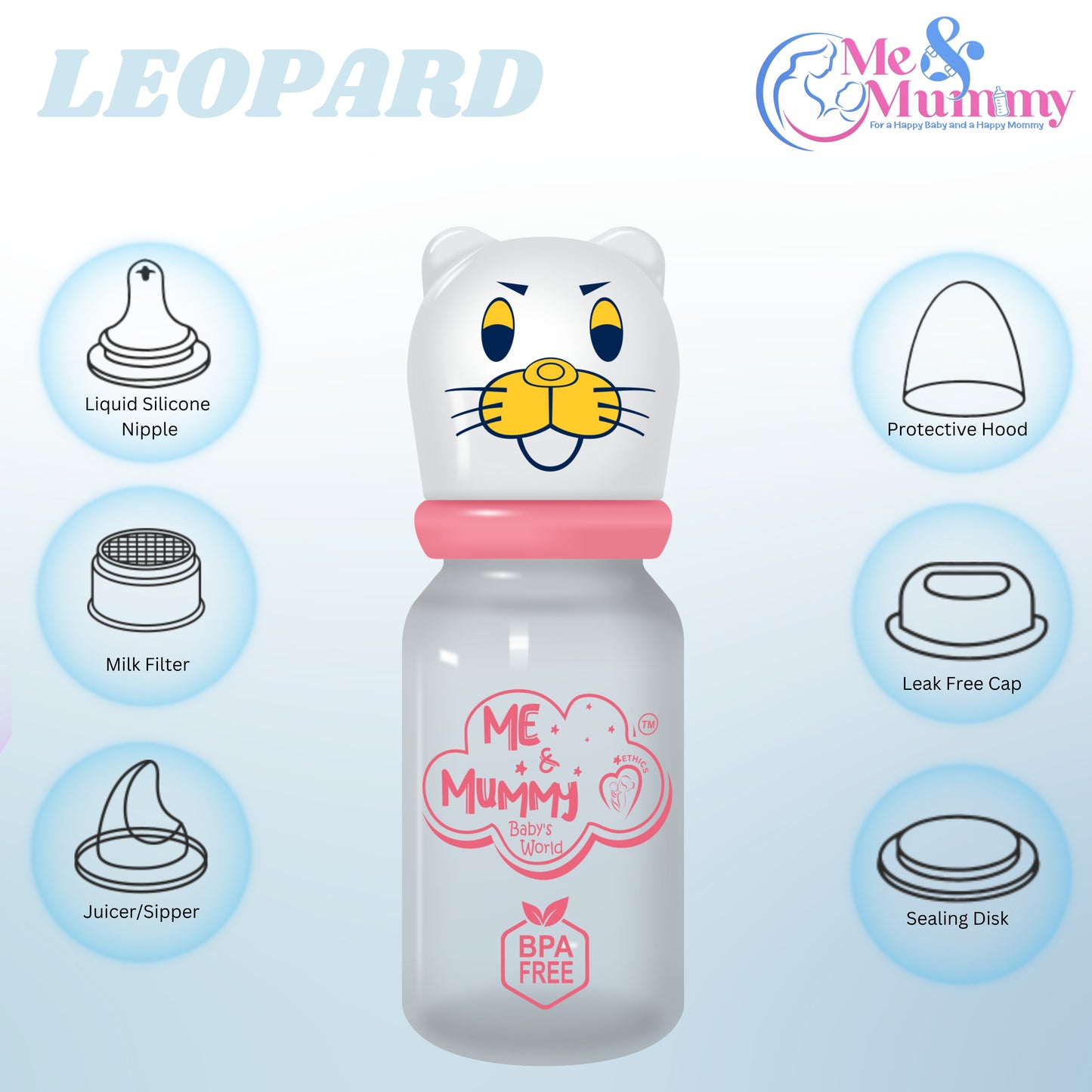 Leapord Anti-Colic Slim Regular Neck Essential Bpa-Free Baby Feeding Bottle, 125Ml, Pack Of 1, Pink