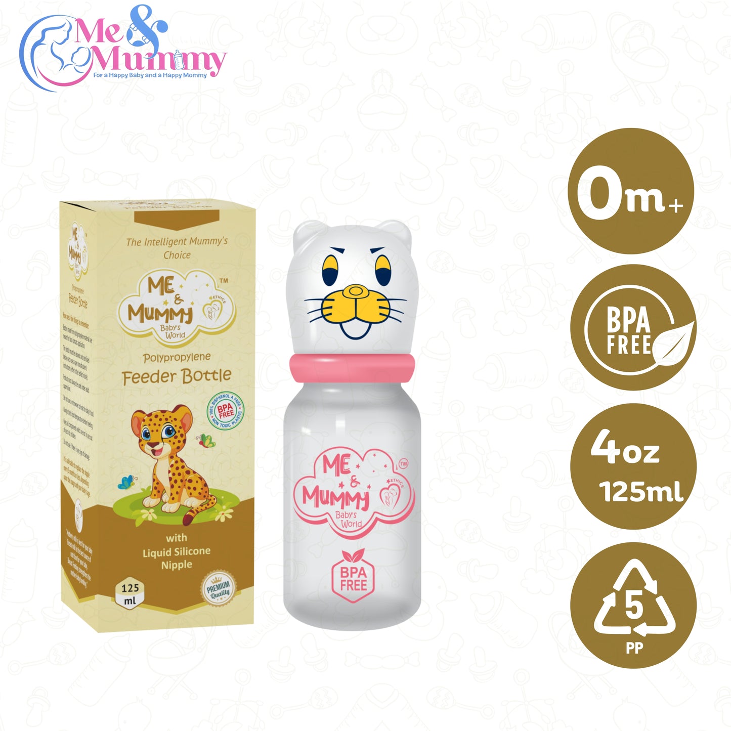 Leapord Anti-Colic Slim Regular Neck Essential Bpa-Free Baby Feeding Bottle, 125Ml, Pack Of 1, Pink