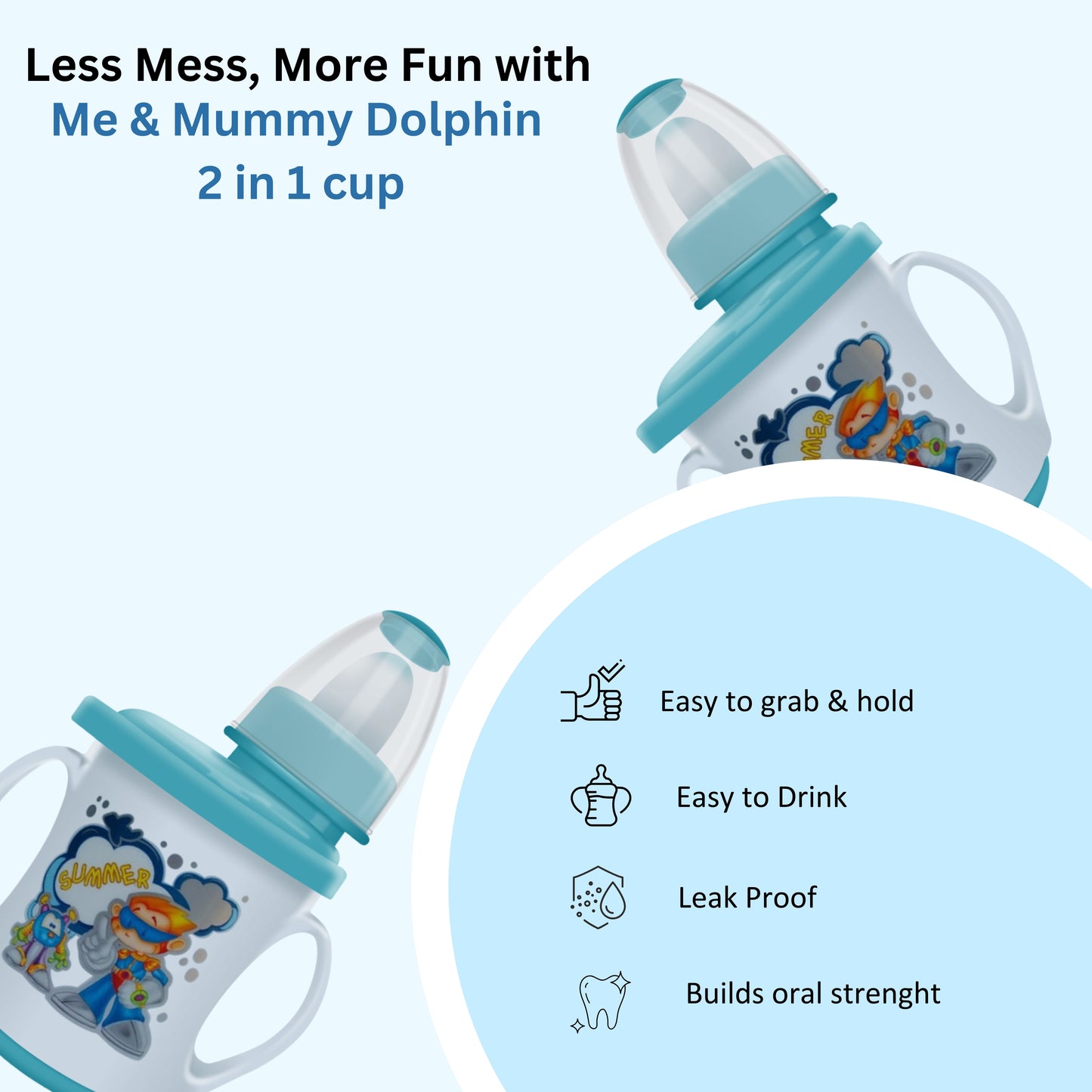 DOLPHIN 2 in 1 Convertible Soft Spout & Nipple Cup | Anti Spill, BPA-Free & Non-Toxic | Easy to Hold Detachable Handle | Unbreakable, Anti Leak Lock Bottle with Cap for Kids, 150ml